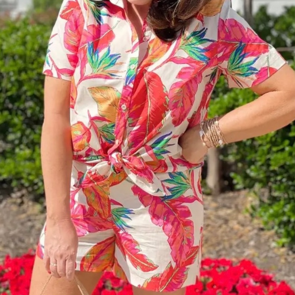 NWT Nine West Tropical Print Tie Front Button Down Shirt & Elastic Short Set XL